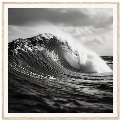 Curling ocean wave with white spray, featured in Sea’s Thunderous Elegy framed poster