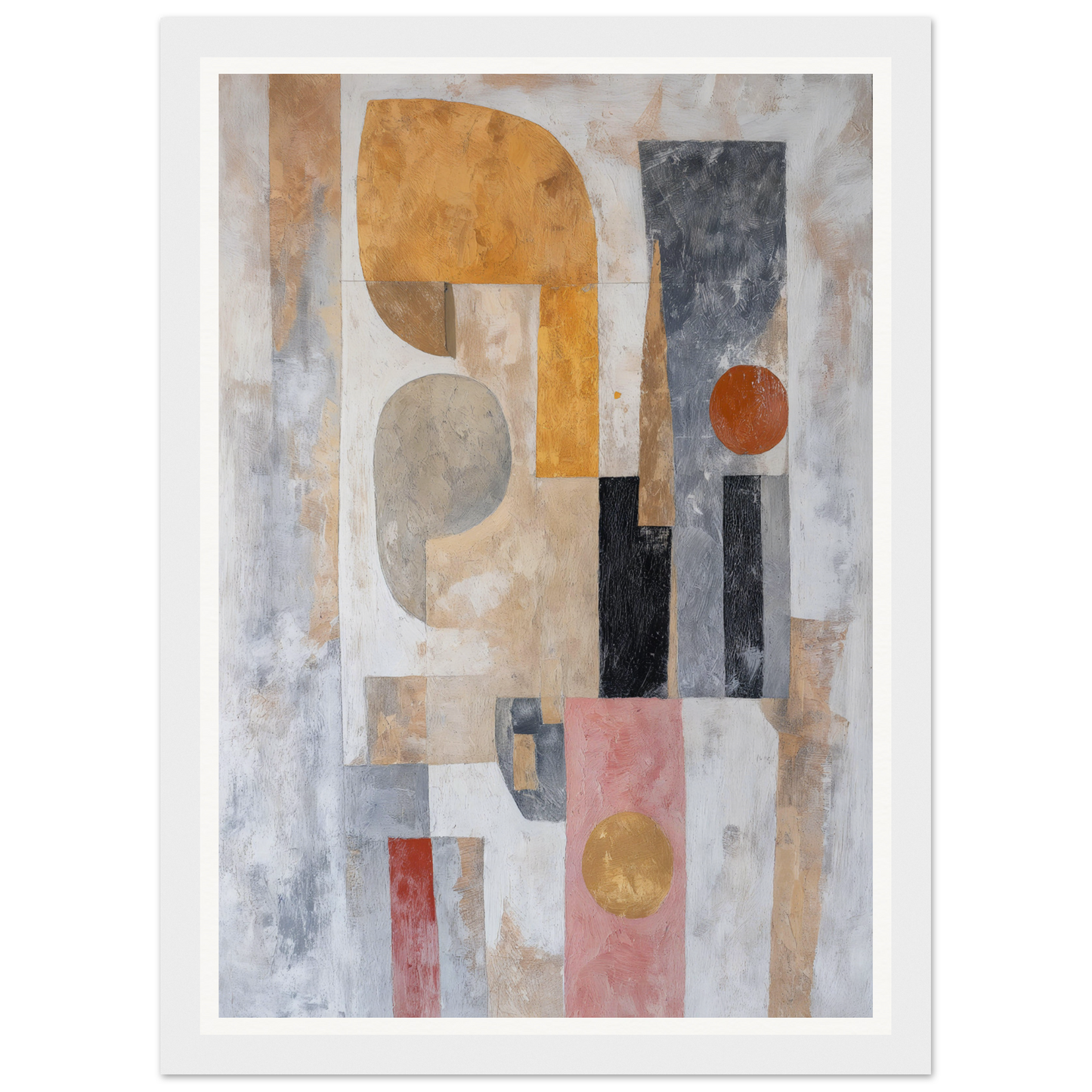 Framed wall art: Abstract geometric shapes in muted colors.