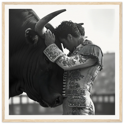 Matador in ornate suit embracing bull’s head from Bull’s Forehead Commune framed wall art