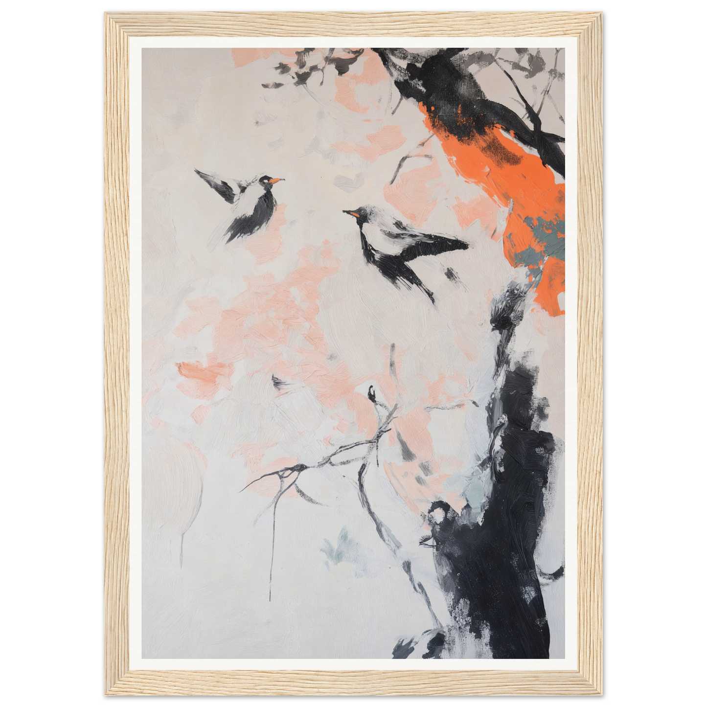 Framed wall art of birds on a branch enhances any room decor with its vibrant abstract background.