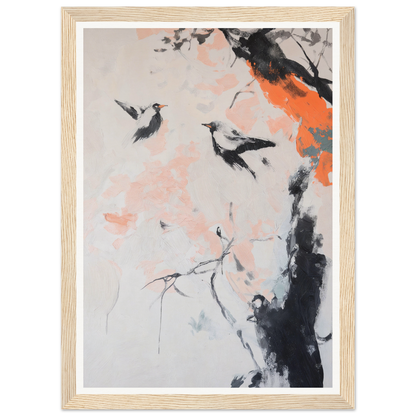 Framed wall art of birds on a branch enhances any room decor with its vibrant abstract background.