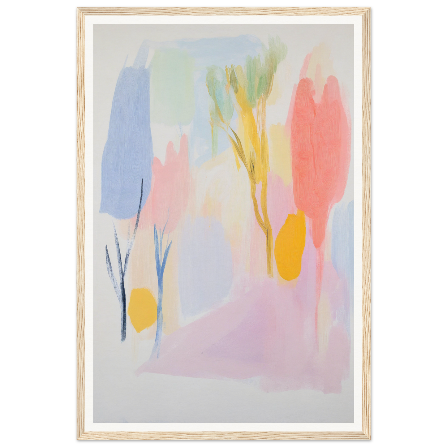 Framed wall art featuring abstract painting in pastel colors and organic shapes.