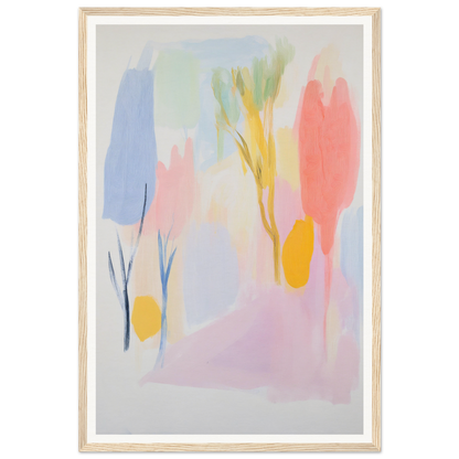 Framed wall art featuring abstract painting in pastel colors and organic shapes.