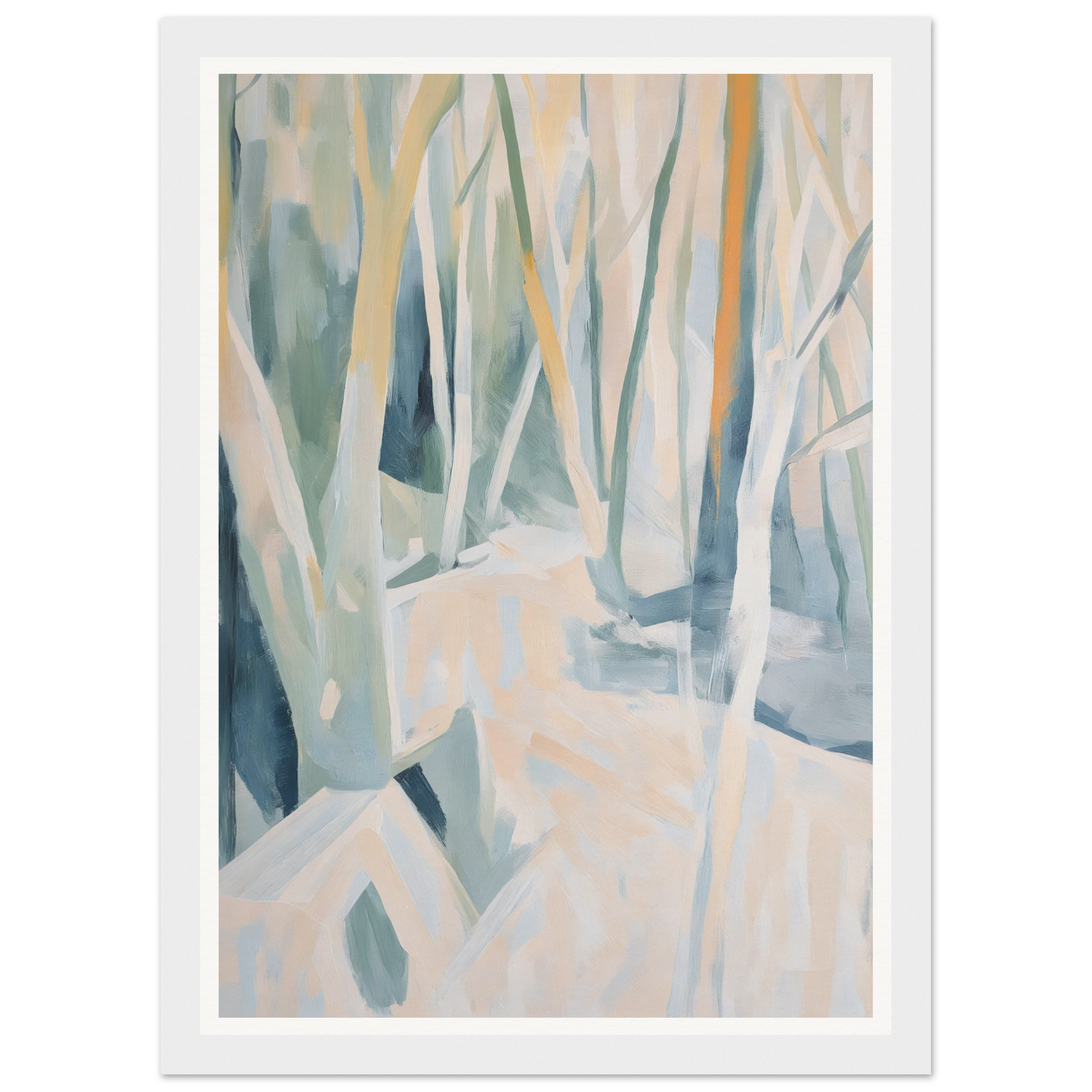 Framed wall art: abstract painting of a forest with thin trees and a pale color palette.