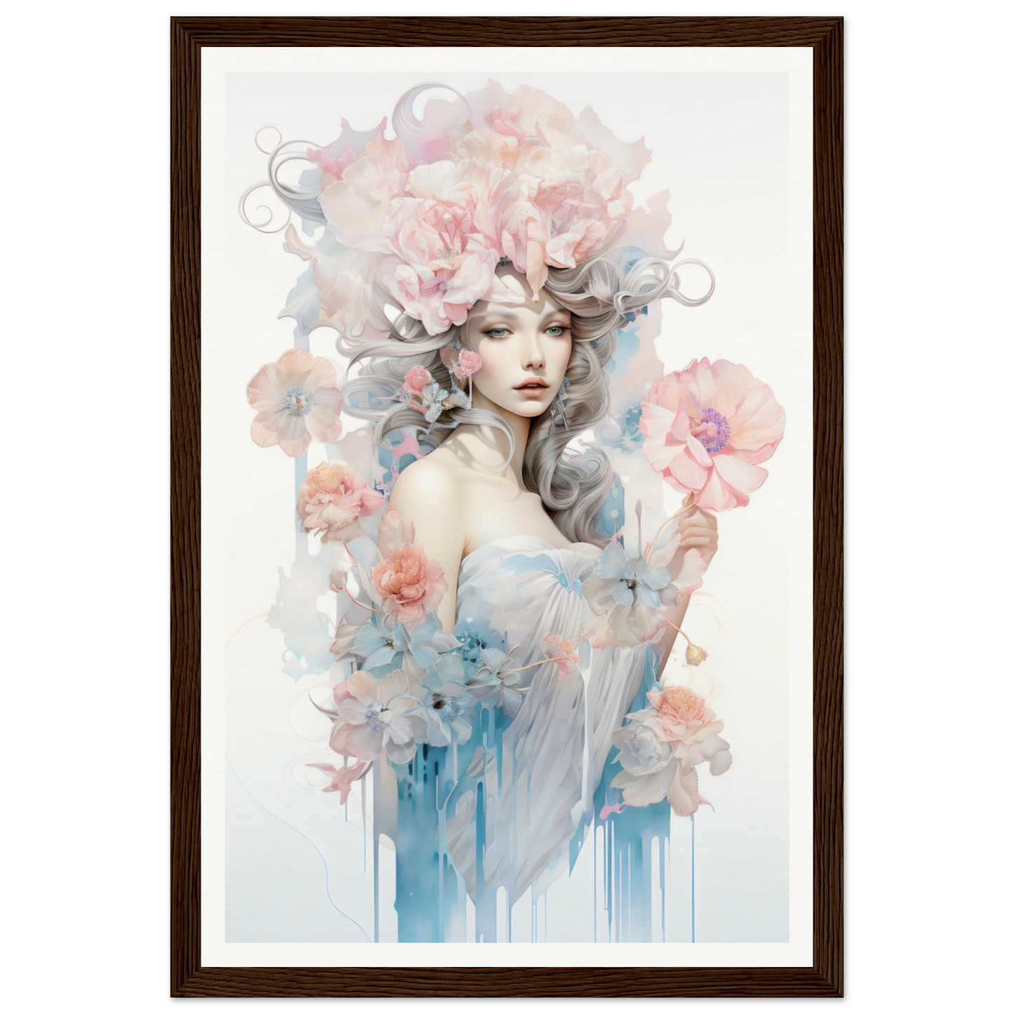 Ethereal watercolor portrait of a woman surrounded by soft floral elements and pastel hues.