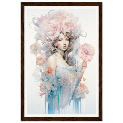 Ethereal watercolor portrait of a woman surrounded by soft floral elements and pastel hues.