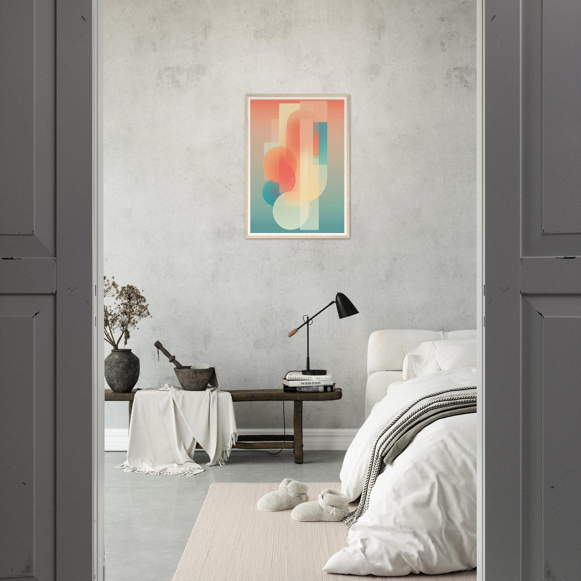 Minimalist bedroom with a colorful abstract artwork on the wall.