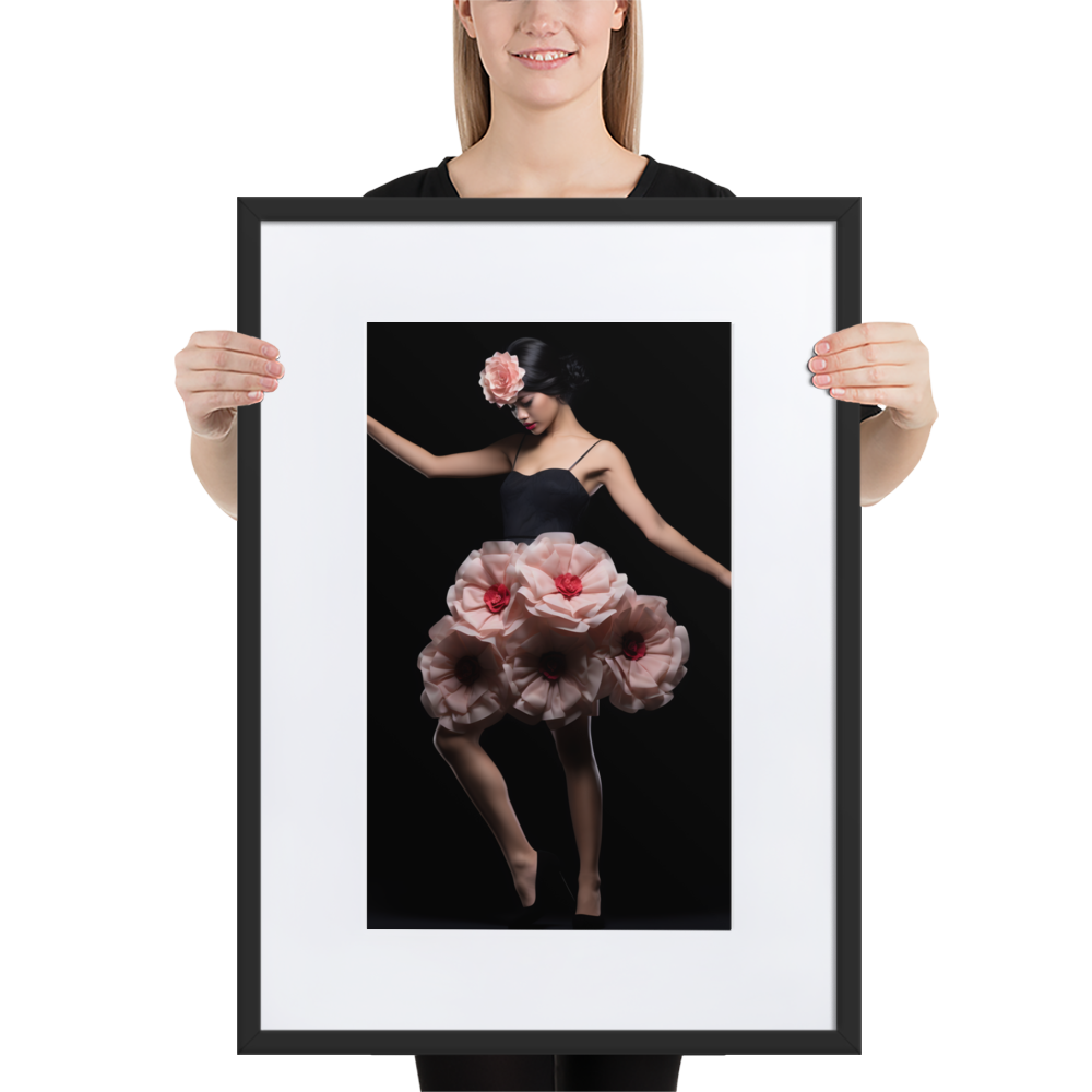 Framed artwork depicting a dancer with a skirt made of pink flowers against a dark background.