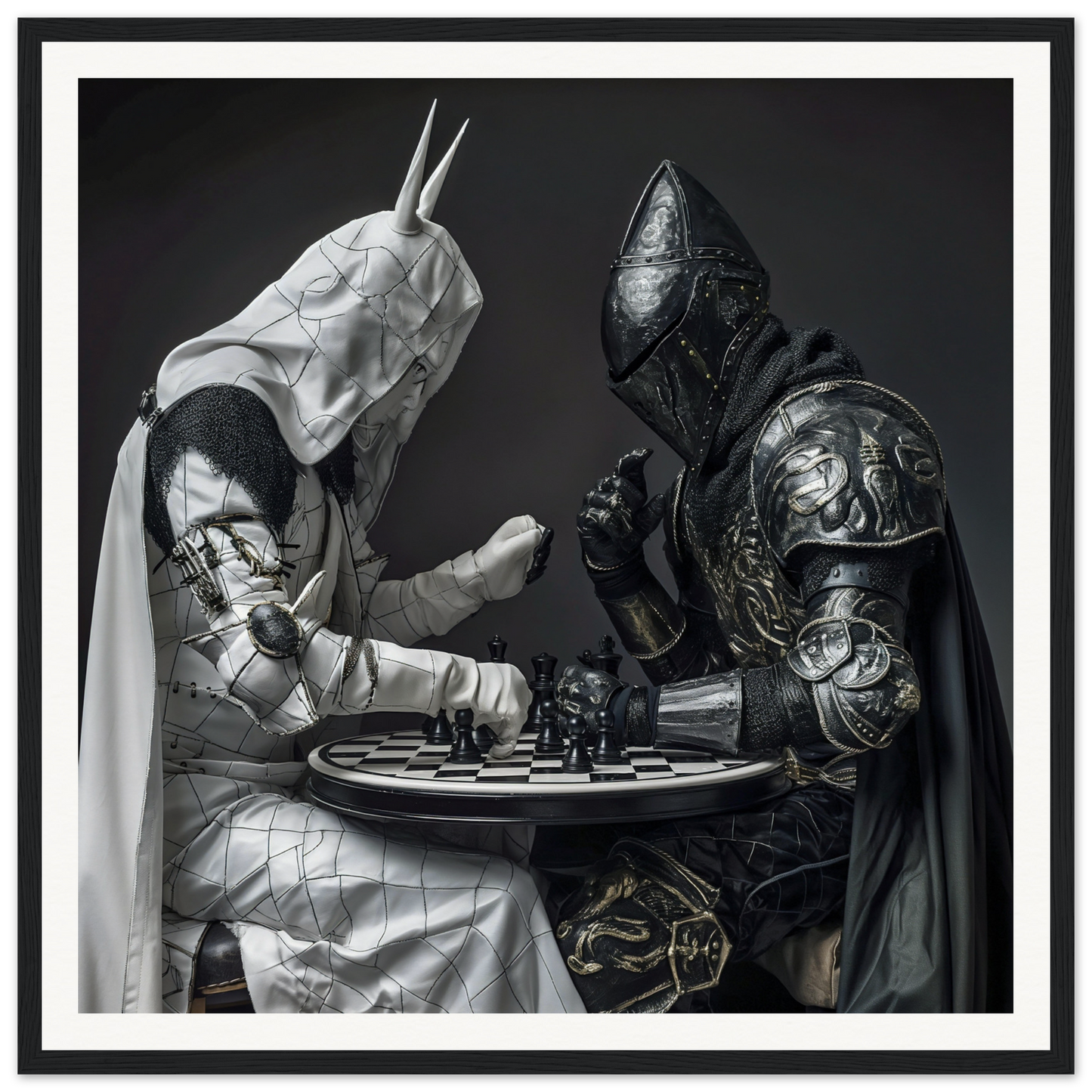 Two medieval knights in ornate armor playing chess for Armored Minds Duel art™