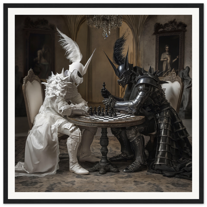 Two armored figures in white and black play chess in Armor’s Silent Gambit art