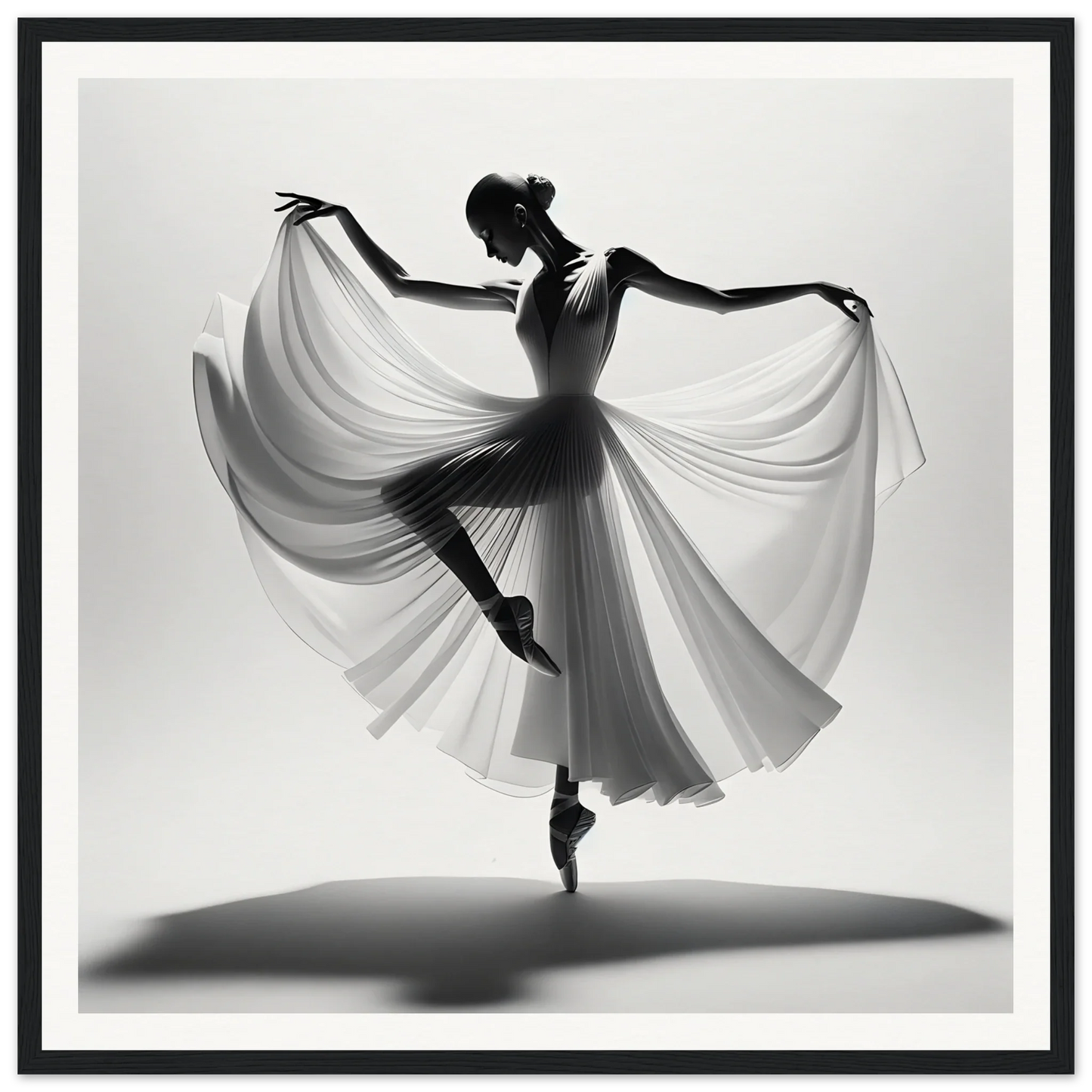 Graceful ballerina en pointe showcasing ethereal dance with flowing white fabric