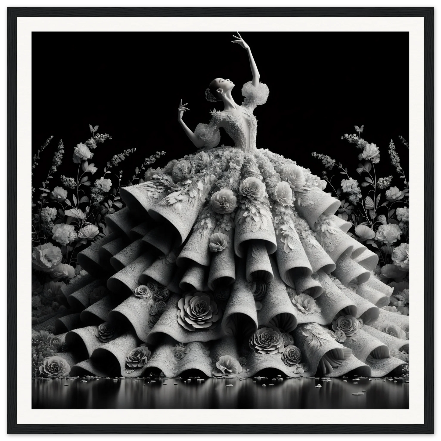 Dancer in ruffled floral gown showcasing Baroque Blossom Ballet elegance