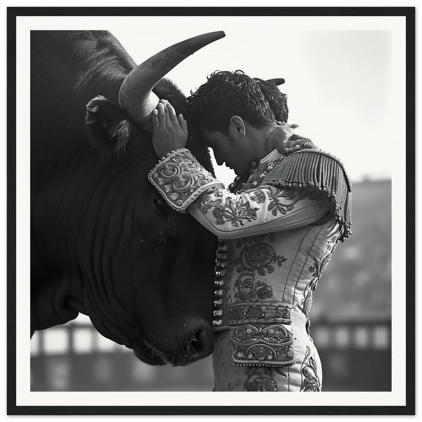 Matador in embroidered suit shares an intimate moment with a bull in Beastly Symbiosis Reverie