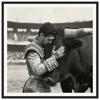 Matador in embroidered suit embracing bull’s head from Bull & Brave special edition art™