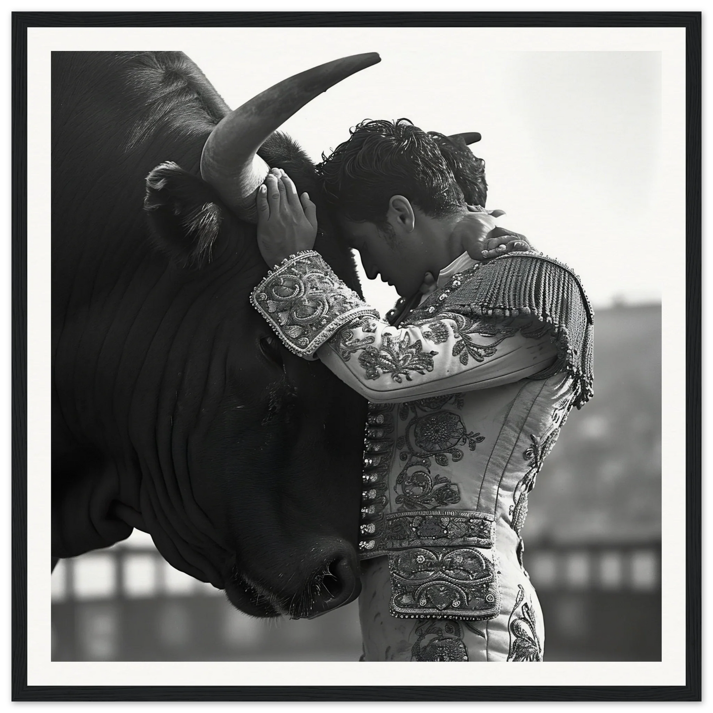 Matador in embroidered suit touches foreheads with bull for Bull’s Forehead Commune art