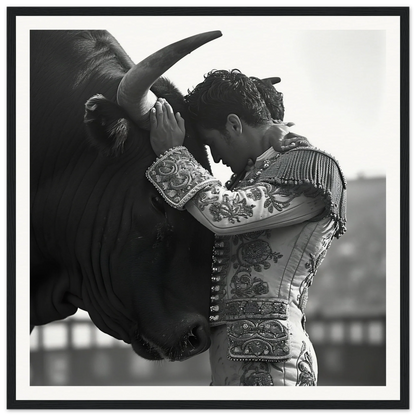 Matador in embroidered suit touches foreheads with bull for Bull’s Forehead Commune art