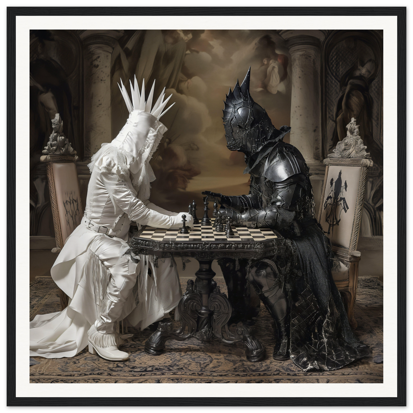 Two armored figures in Chess Diabolic Harmonies face off in a strategic game