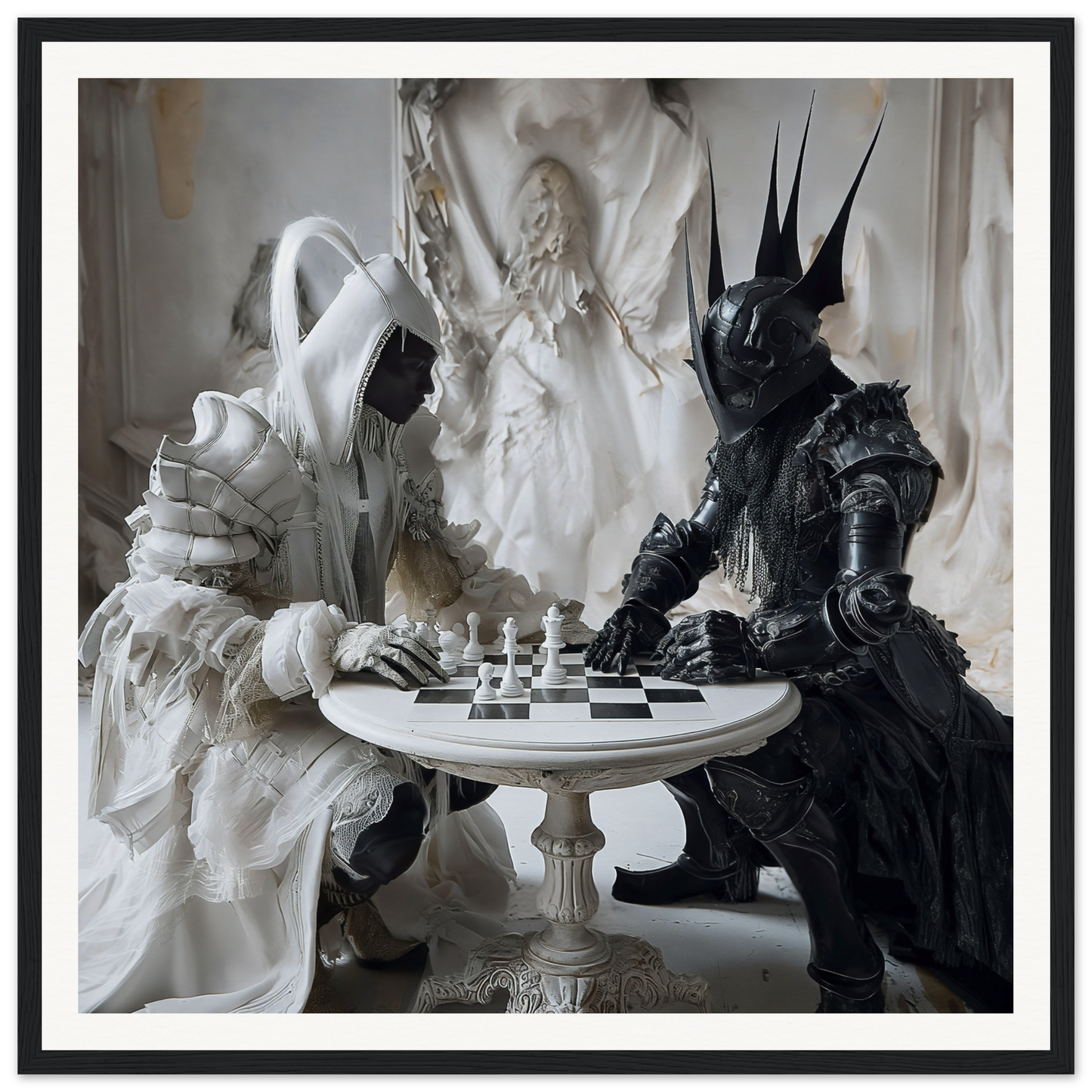 Two armored figures in white and black play chess in Chess Duality Dance artwork