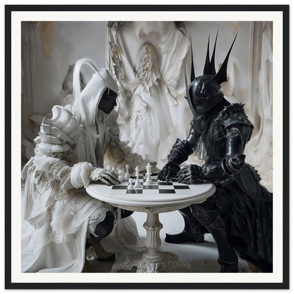 Two armored figures in white and black play chess in Chess Duality Dance artwork