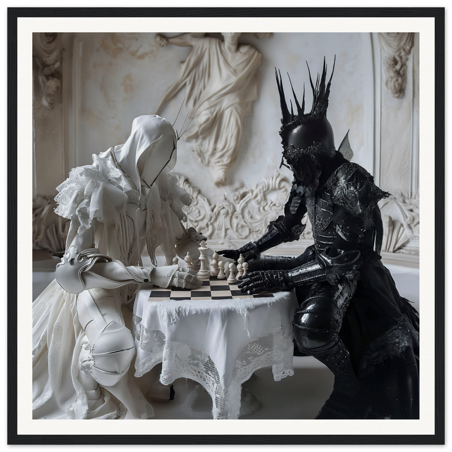 Two figures in white and black armor play chess at a lace table in Chess Rhapsody Duality