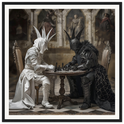 Two armored figures in rabbit masks enjoy a game of Chessboard Waltz at a table