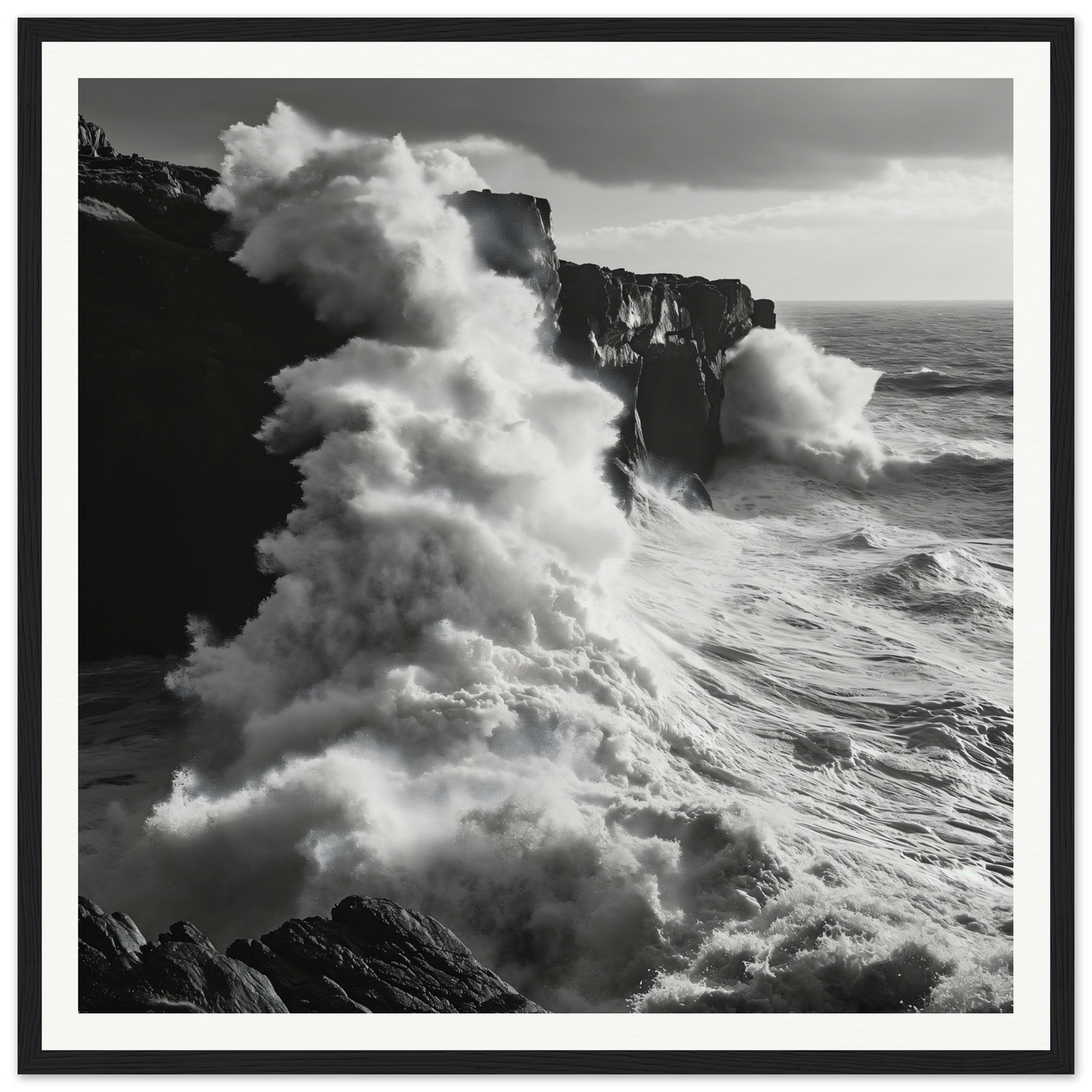 Powerful ocean waves crash on cliffs in this framed seascape from Cliffs’ Chaotic Ballet