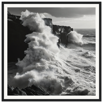 Powerful ocean waves crash on cliffs in this framed seascape from Cliffs’ Chaotic Ballet