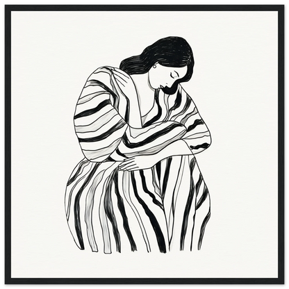 Black and white illustration of a figure in a flowing dress for Contemplative Striped Tranquility