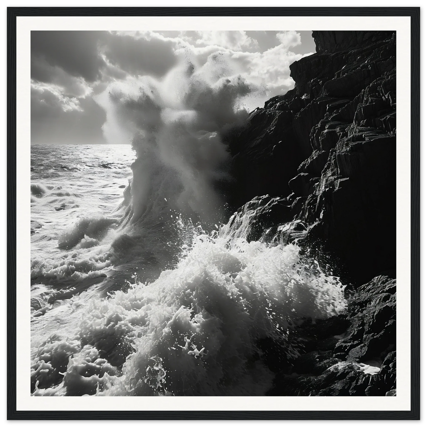 Dramatic ocean waves crashing on cliffs in Dance Infernal Embrace special edition art™