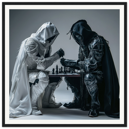 Two hooded figures in black and white robes play chess in Duality Chess Dreamscape