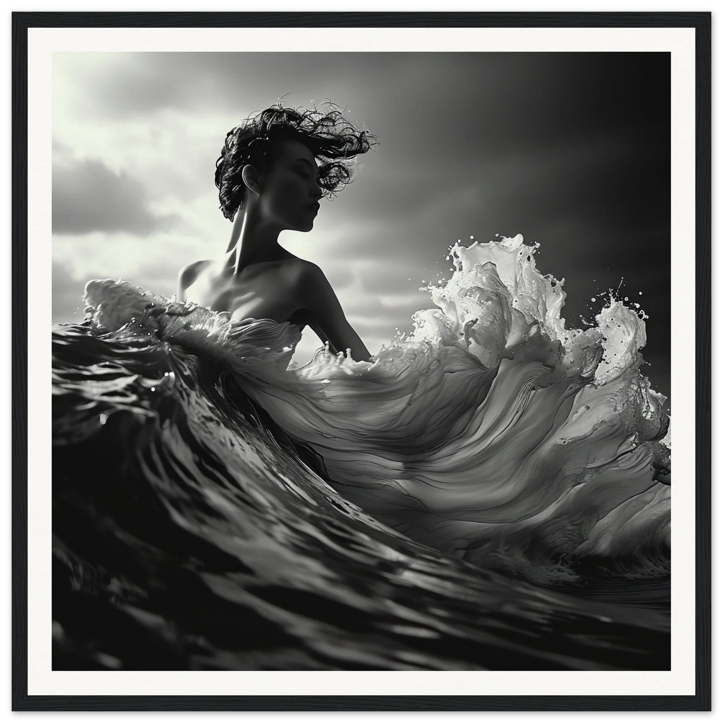 Dramatic black and white art blending a figure with waves, perfect for Ebb Undulate Insights