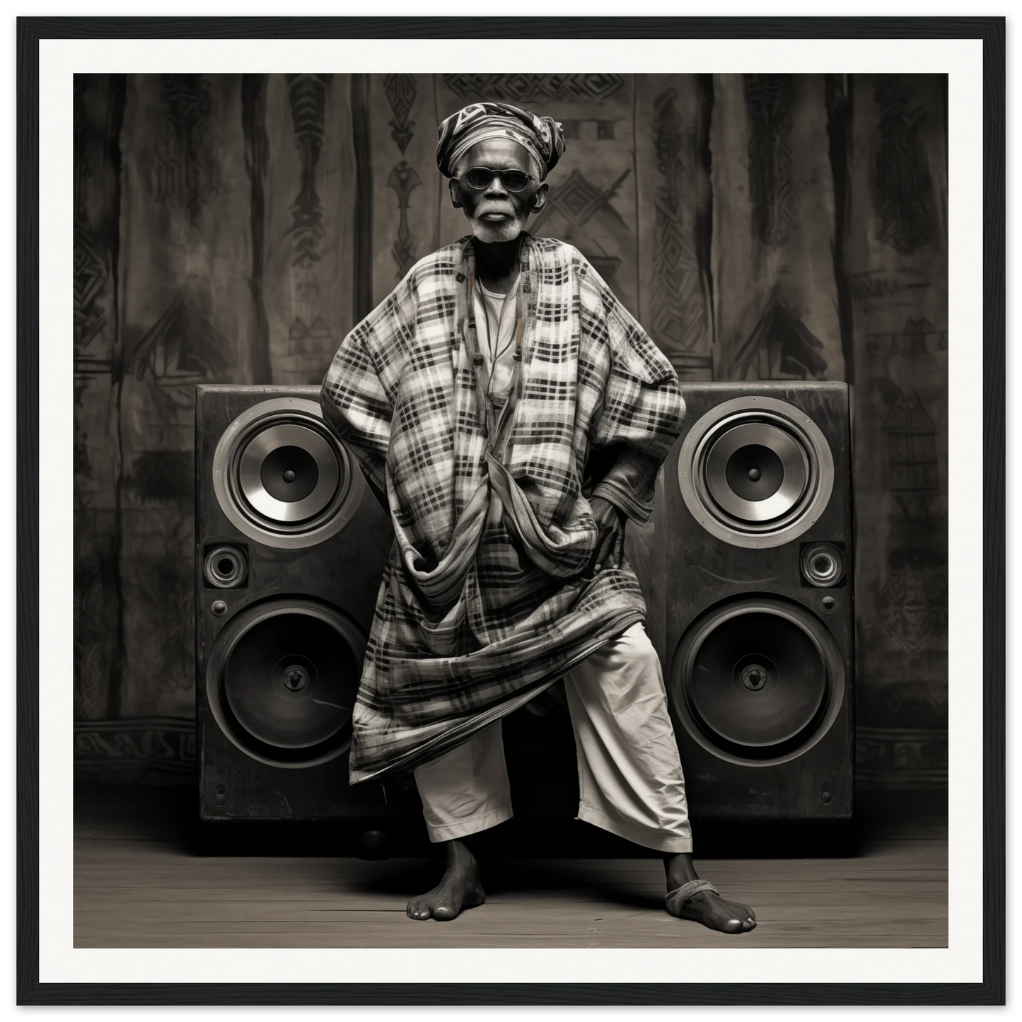 Person in traditional African attire between speakers, showcasing Echos of Mysticism art™