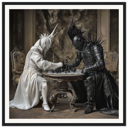 Two armored figures in black and white engaged in an Elegant Chess Duel artwork