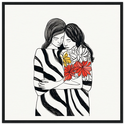 Black and white line drawing of two people embracing with flowers, Embrace Florid Flicker