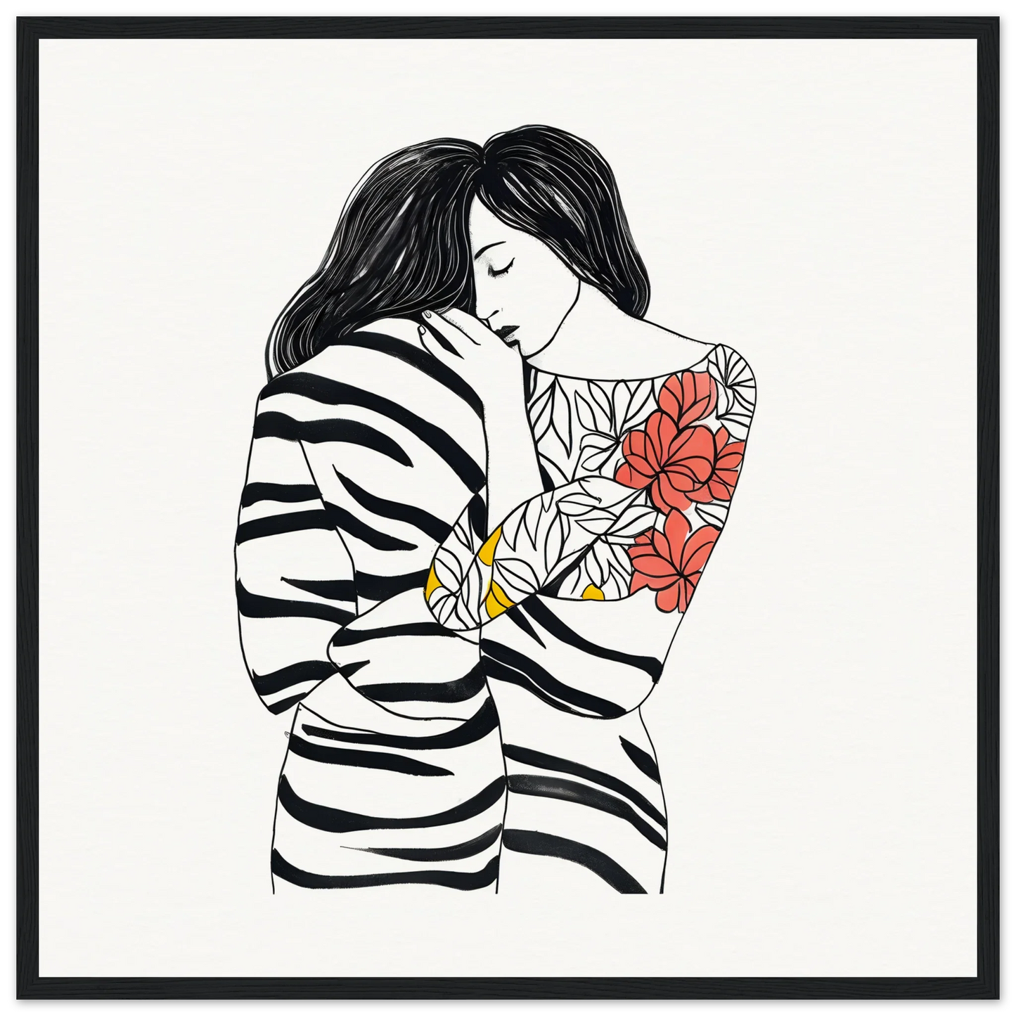 Line drawing of a figure in a striped sweater with red floral tattoo for Etched Embrace Harmony