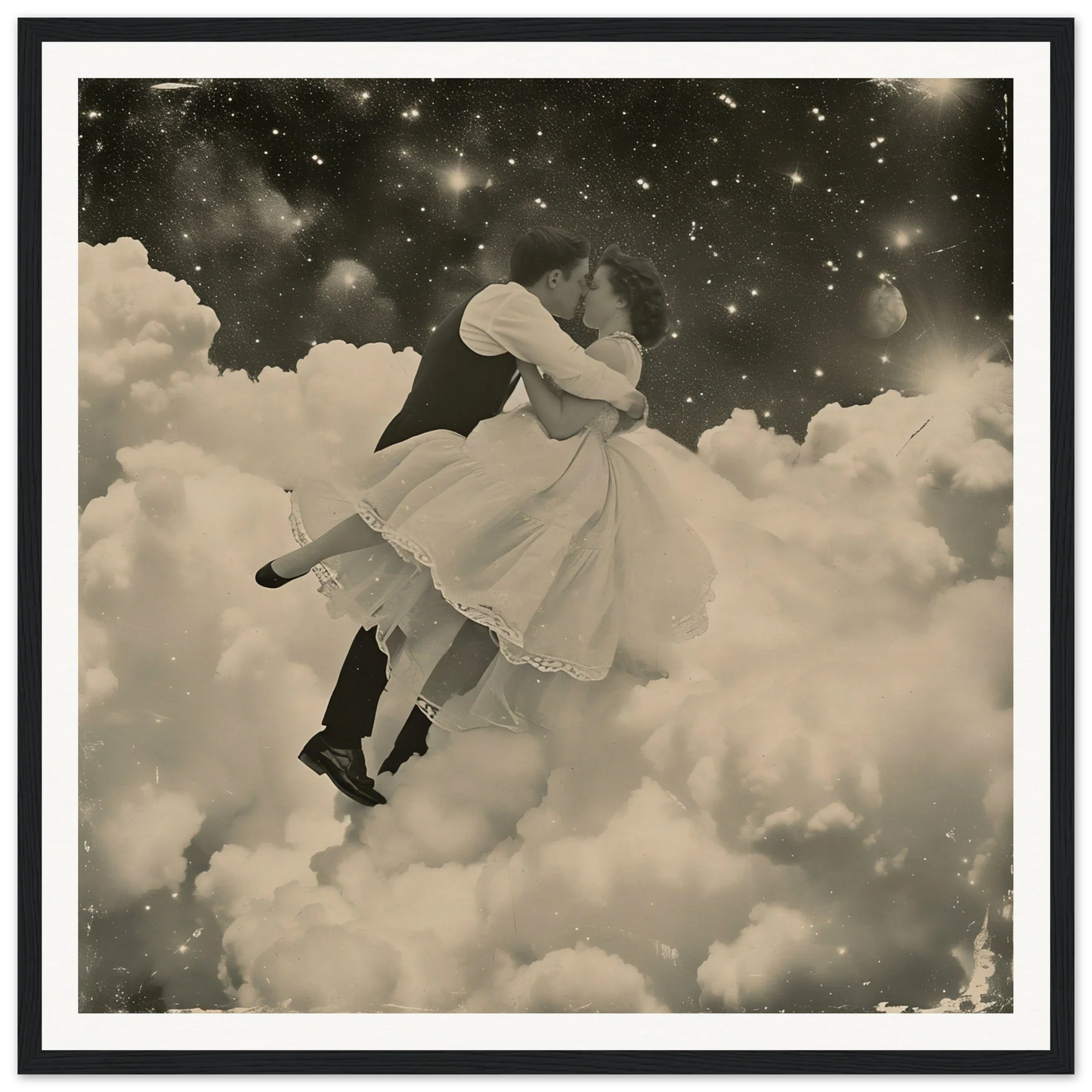 Two figures in vintage clothes dancing in clouds for Eternal Cosmic Swoon art piece