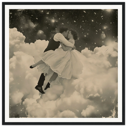 Two figures in vintage clothes dancing in clouds for Eternal Cosmic Swoon art piece