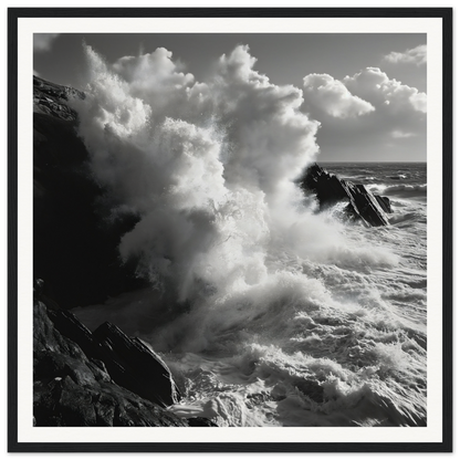 Powerful ocean waves crash on cliffs, featured in Eternal Splash Ecstasy art piece