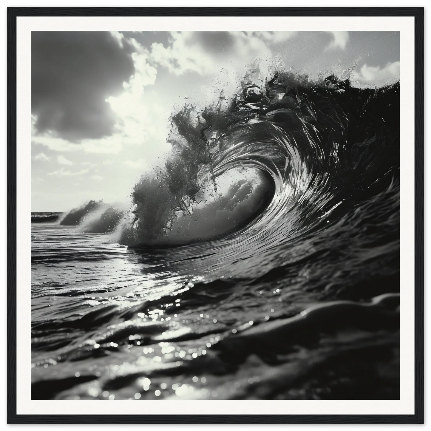 Black and white curling ocean wave art for Eternal Wave Symphony framed posters