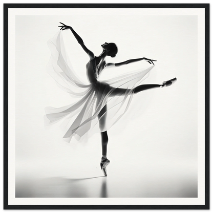 Graceful ballet dancer in flowing dress striking an arabesque for Ethereal Grace’s Whisper