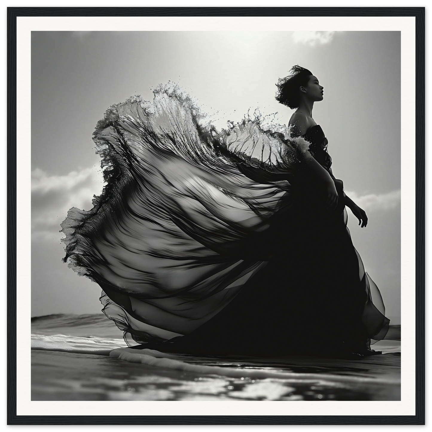 Flowing black dress in silhouette, embodying Ethereal Wave Serenade against the sky