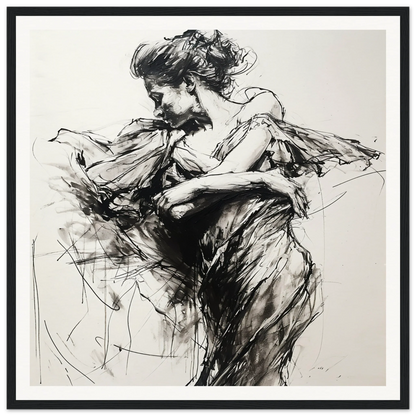 Expressive black and white dancer sketch for Festive Harmonic Meditations framed posters