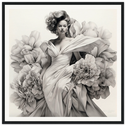 Black and white photo of Gown Enveloped Blossoms with peony blooms and flowing fabric