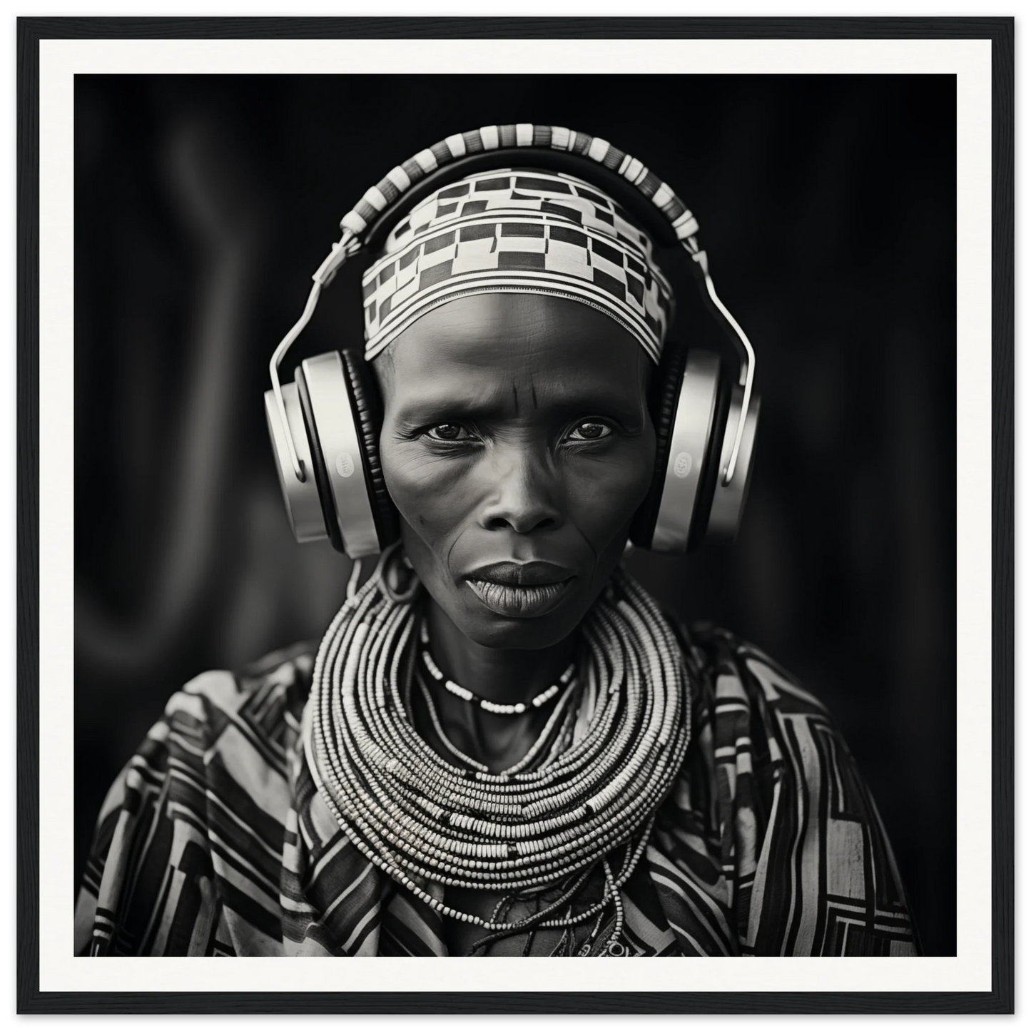 Striking black and white portrait of tradition meets tech with Head사는Unity art