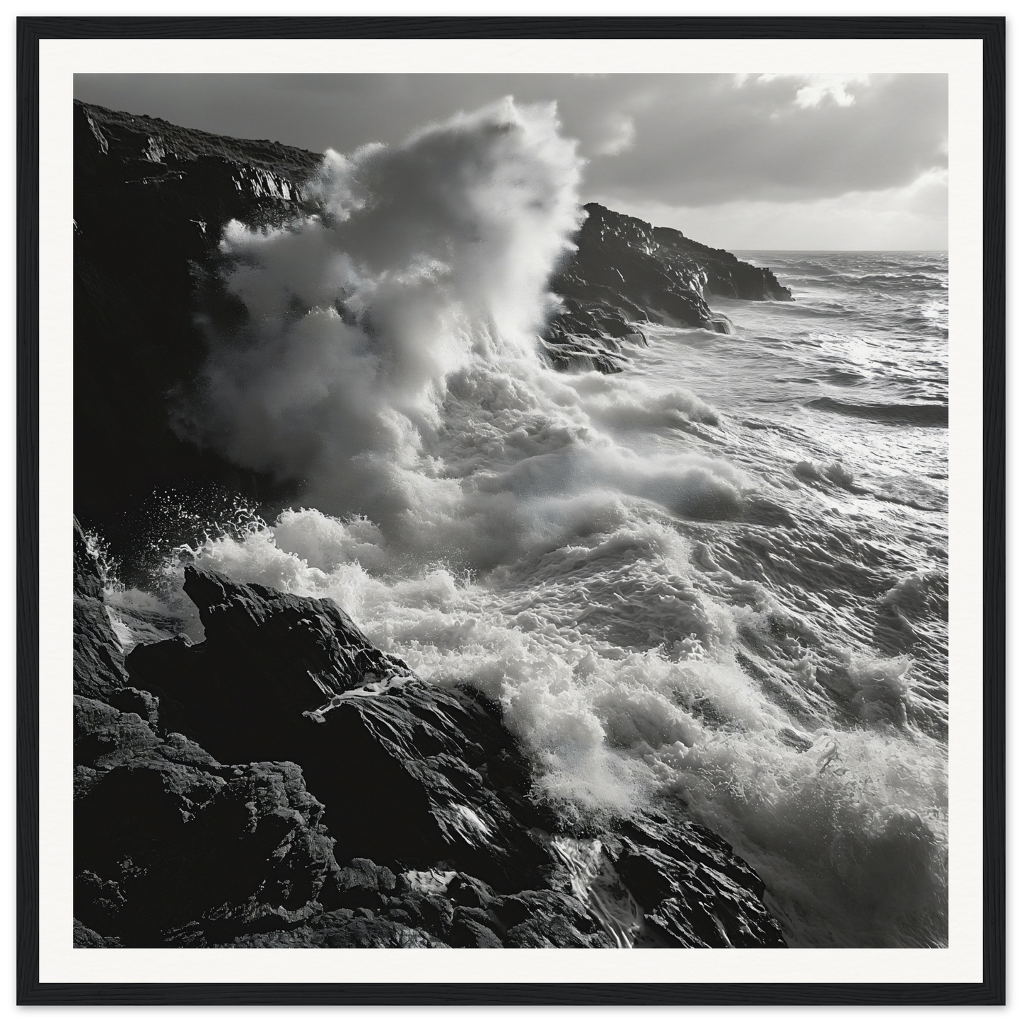 Powerful ocean waves crashing against rocky cliffs in an Infinite Nautical Poem decor