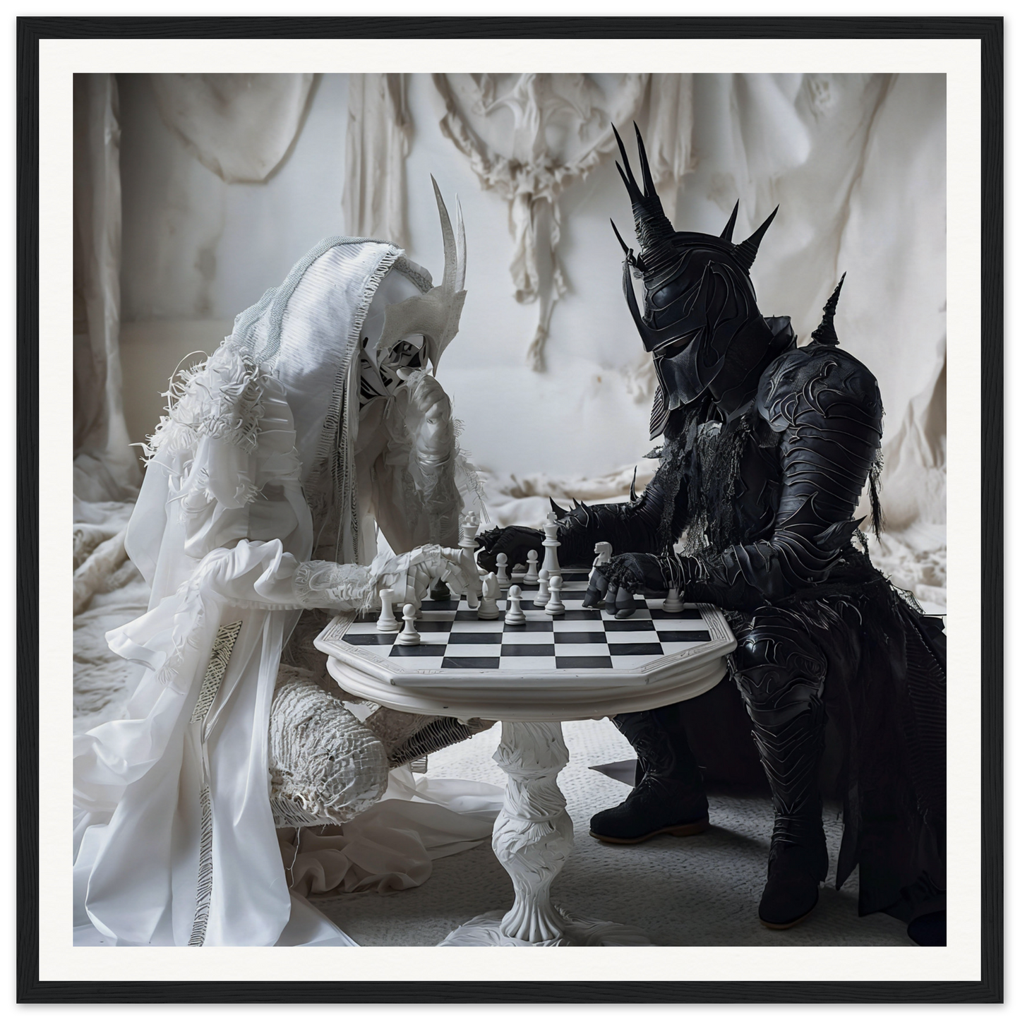 Chess match between light and dark fantasy figures in Kindled Celestial Dance art