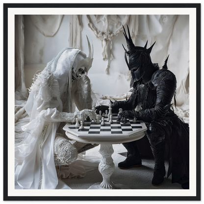 Chess match between light and dark fantasy figures in Kindled Celestial Dance art