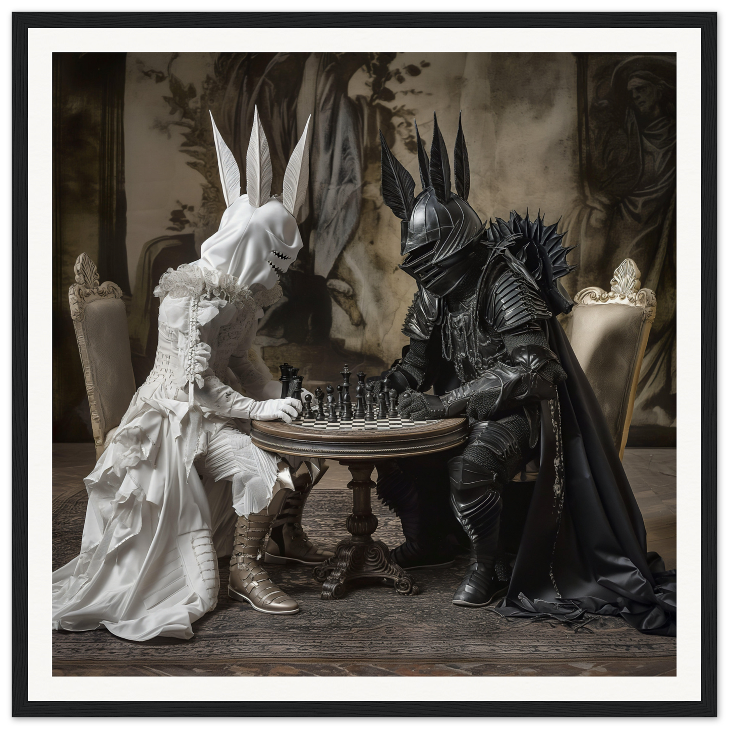 Two armored figures in rabbit masks playing chess in Knighted Dreamscapes framed poster