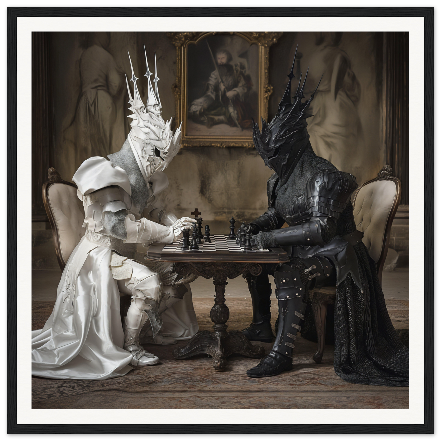 Two armored figures playing chess at a table in Knights’ Cerebral Ballet framed poster