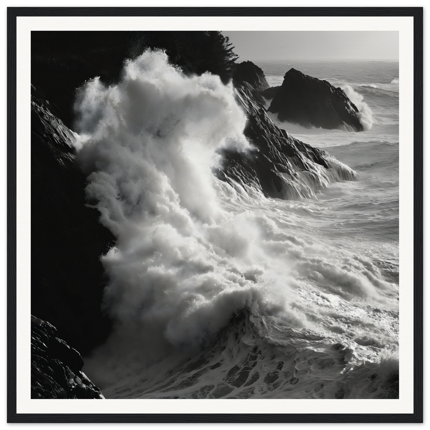 Powerful ocean waves crash on rocky cliffs in this Livid Sea Symphony seascape framed poster